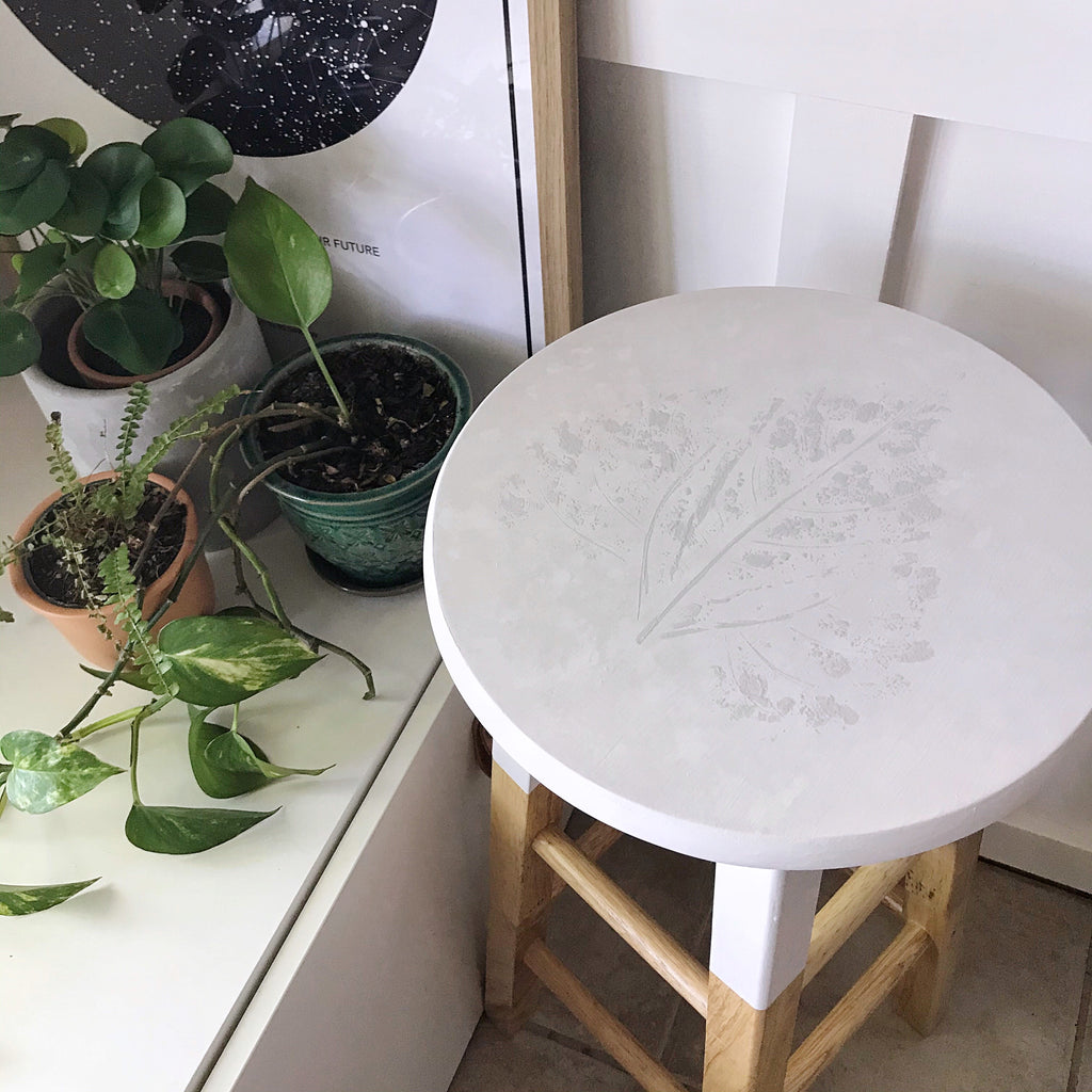 Faux White Concrete Stool with Leaf Print
