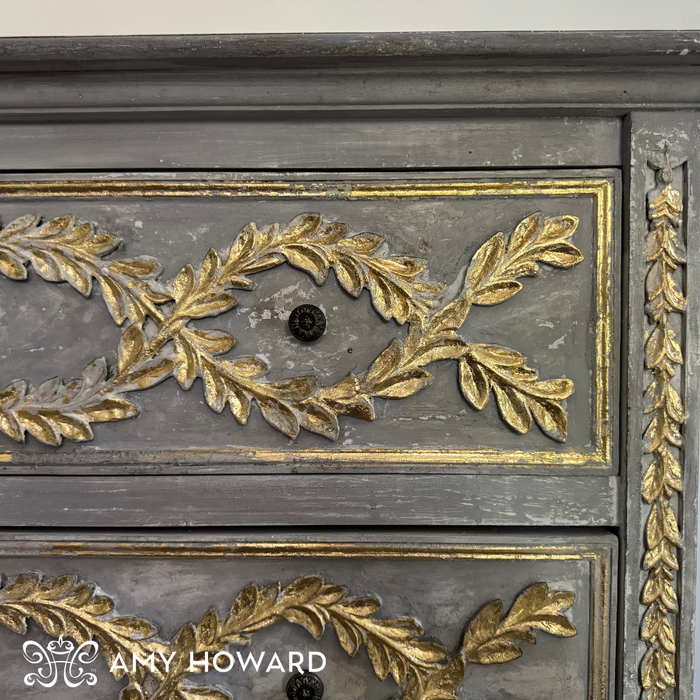 Neoclassical Dresser Makeover Using Cracked Gesso, Milk Paint & Gold Leaf Gilding