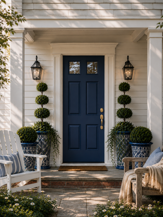 Navy Blue Front Door of a house that is painted in Miracle Paint in the color American Dream by Amy Howard