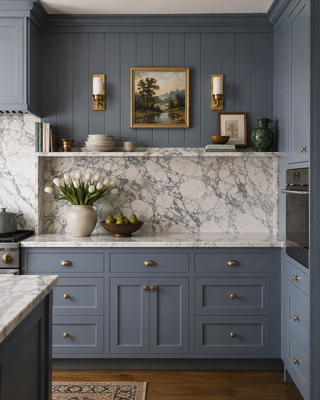 A styled kitchen interior with slate blue cabinets, a white and gray marble backsplash and countertop, brass hardware, wall sconces, framed art, and decorative objects including a vase of tulips and pears.