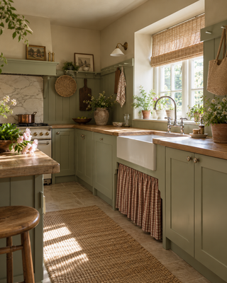 English Country Cottage Style Kitchen with Sage Green Cabinets painted in color English Countryside in Miracle Cabinet Paint by Amy Howard Home.