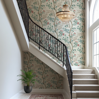 Staircase with floral wallpaper and a chandelier in a well-lit room.
