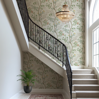 Staircase with decorative railing and floral wallpaper in a well-lit room.
