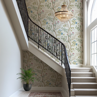 Staircase with decorative railing and floral wallpaper in a bright room.