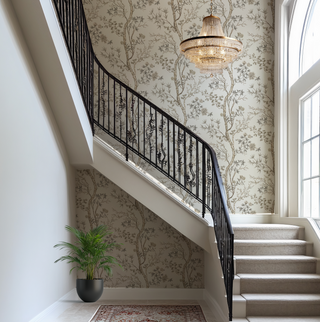 Staircase with black railing and decorative wallpaper in a home interior.