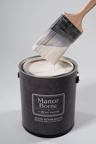 Manor Borne Wall Paint | Life is Short | ultra scrub matte interior wall and trim paint | Picture Gallon can with 3" brush paint on nylon