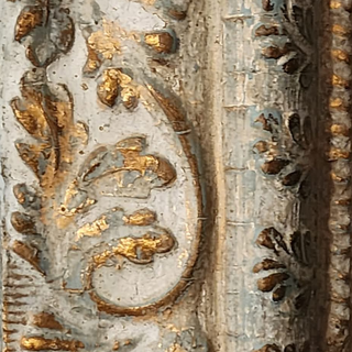 DIY Aged Frame Patrice Finish created using Amy Howards Toscana Milk Paint, Cracked Gesso, Glaze, Gold Leaf & more. Aged European-inspired finish with soft blue patina.