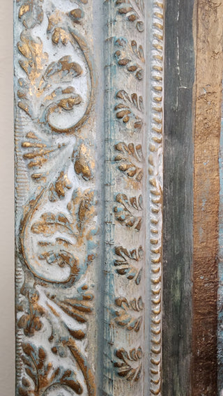 DIY Aged Frame Patrice Finish created using Amy Howards Toscana Milk Paint, Cracked Gesso, Glaze, Gold Leaf & more. Aged European-inspired finish with soft blue patina.