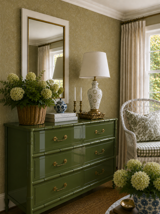 A bamboo-style dresser painted in Amy Howard Home LuxeLacquer in color Topiary in a styled room setting, decorated with a large mirror, a white patterned ceramic table lamp, books, and a wicker basket of white flowers. A white wicker armchair with a green and white checkered cushion is visible next to a window with beige curtains.