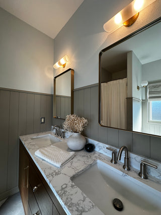 Bathroom painted in Manor Borne interior wall paint Waitin on the day and Cotton Blossom by Amy Howard At Home