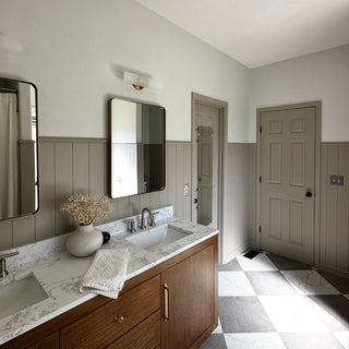 Before and after bathroom transformation using Manor Borne interior wall paint in Waitin On The Day and Cotton Blossom by Amy Howard At Home