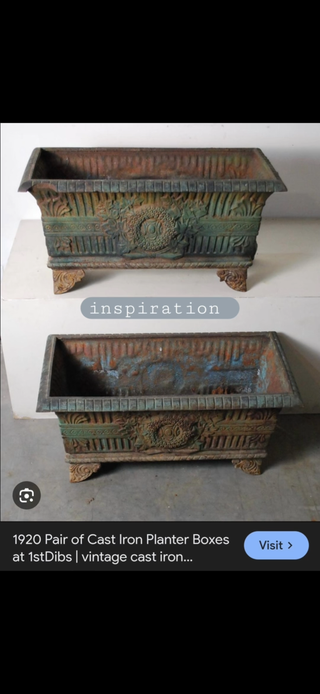 Antique 1920s cast iron planter boxes with natural oxidized patina used as inspiration for the Weathered Chapel Patina Finish by Amy Howard At Home