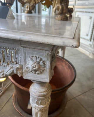 Antique Italian table with a weathered marble top and carved leg detail, inspiration for the Crusty Italian Finish by Amy Howard At Home.
