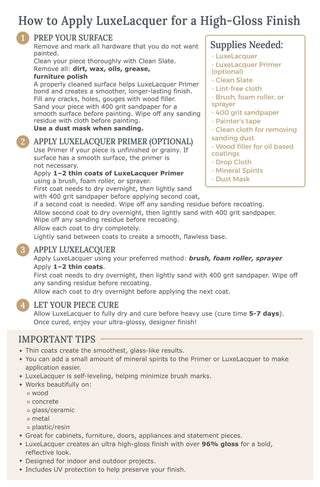 Step by step guide for how to apply LuxeLacquer for a high gloss finish, including supplies needed and important tips