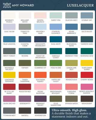 Amy Howard LuxeLacquer paint color chart showing all available high gloss paint colors with names
