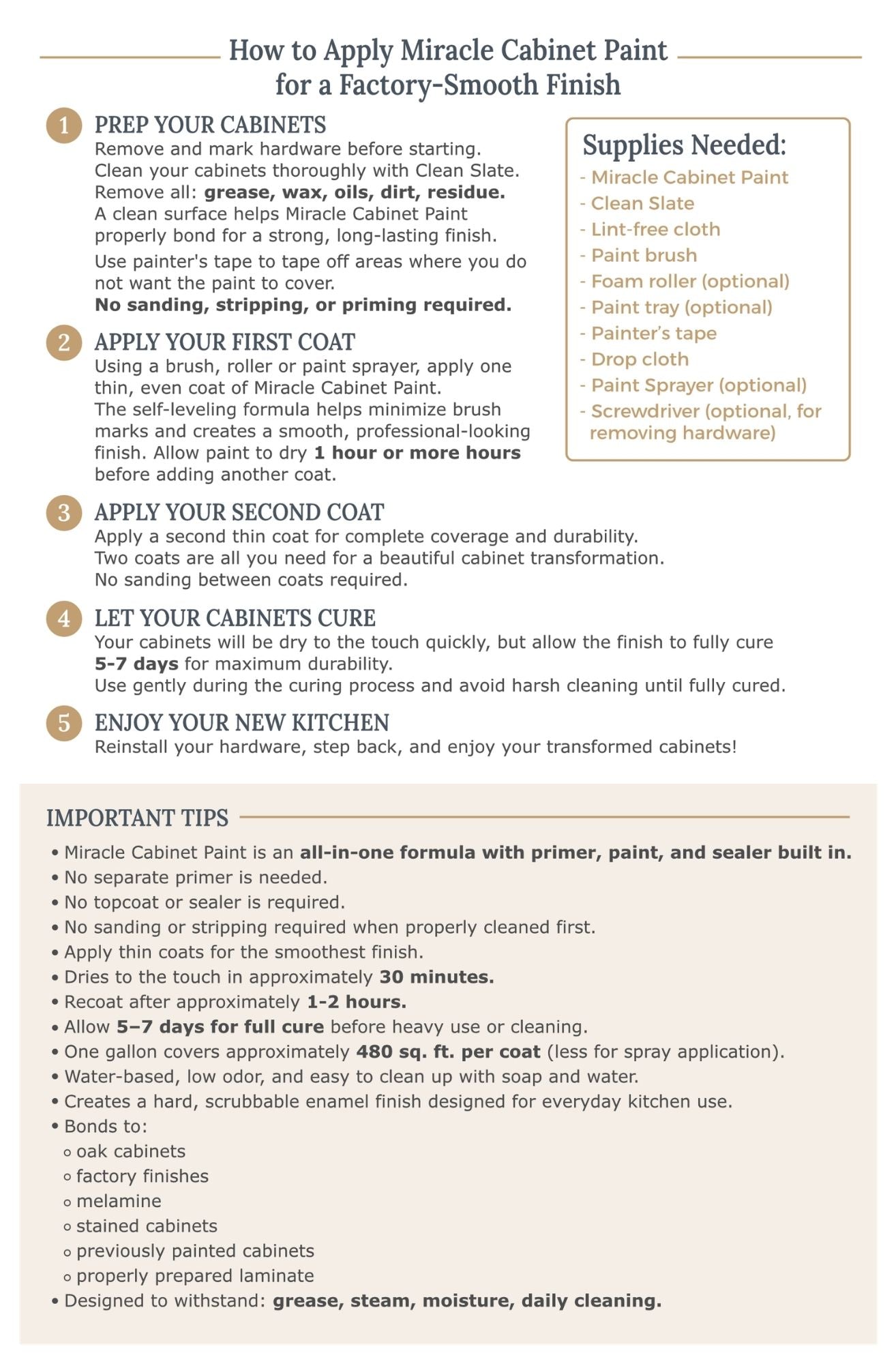 Step by step guide for how to apply Miracle Cabinet Paint for a factory smooth finish including supplies needed and important tips