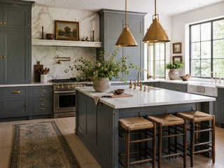 Kitchen cabinets painted in Misty Forest Miracle Cabinet Paint by Amy Howard at Home with brass hardware, marble backsplash, and gold pendant lights
