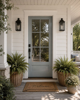 Front door painted in Weybridge Classic One Hour Miracle Paint by Amy Howard at Home on a white farmhouse style home with black lanterns and potted ferns in wicker baskets