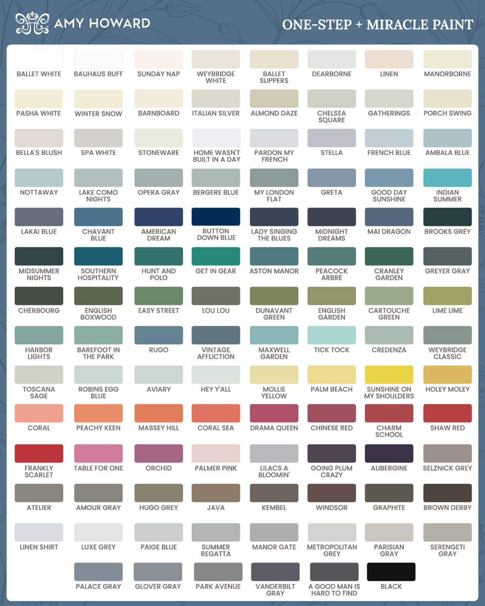 Amy Howard One Step Paint and Miracle Paint color chart showing all available paint colors with names