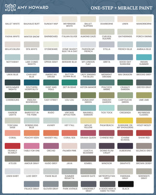 Amy Howard One Step Paint and Miracle Paint color chart showing all available paint colors with names