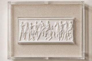 CeramiCast classical Greek frieze panel casting from the Amy Howard At Home Relief Decorative Mould displayed as framed wall art in an acrylic frame with linen backing on a neutral wall
