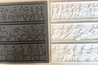 Amy Howard At Home Relief Decorative Silicone Mould shown side by side with three finished CeramiCast classical frieze panel castings showing the mould to finished casting result