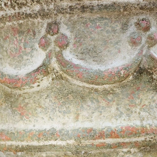 Close-up of Sun-Faded Calais Patina Finish showing crackled texture, soft limestone tones, and faded coral undertones on a decorative planter by Amy Howard At Home