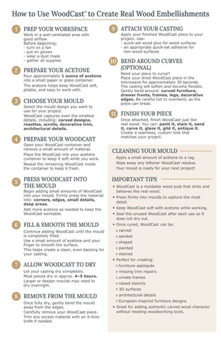 Step by step guide for how to use WoodCast to create real wood embellishments including supplies needed and important tips