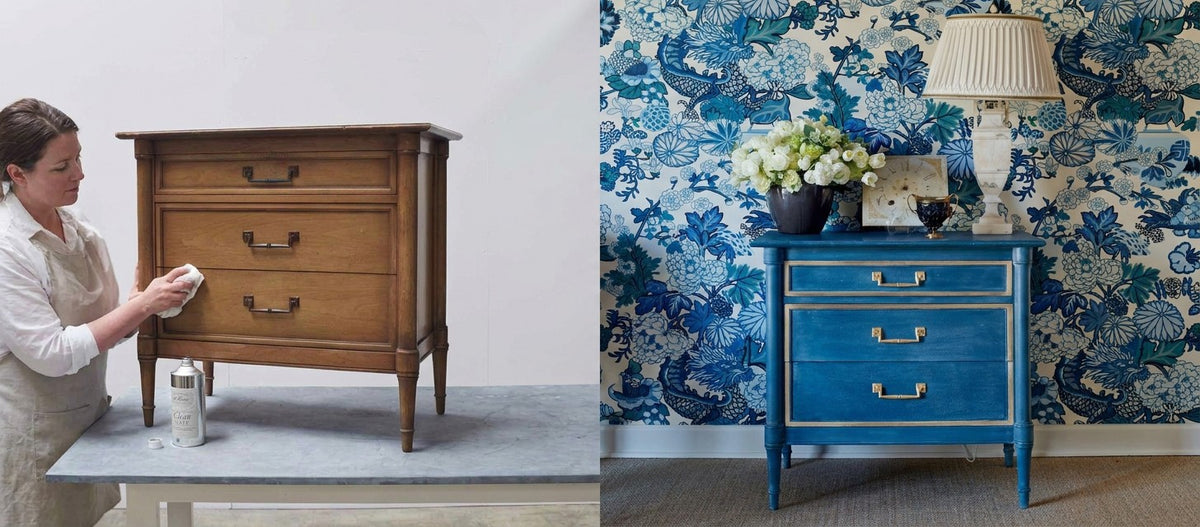 Furniture Flip Challenge hero: before and after of a nightstand refinished in blue