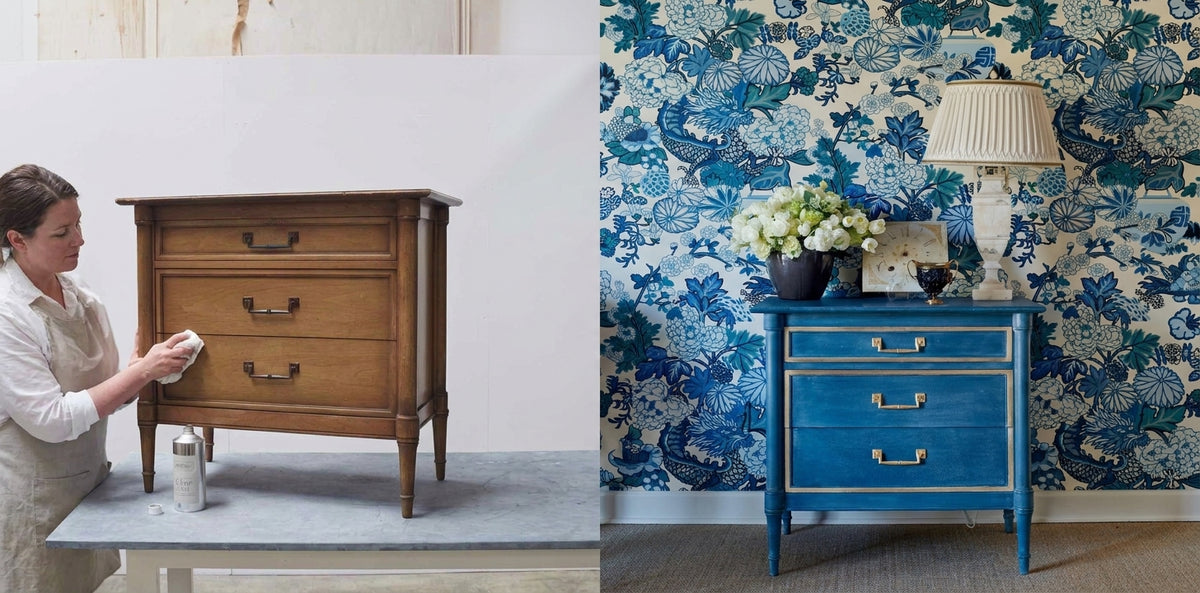 Furniture Flip Challenge hero: before and after of a nightstand refinished in blue