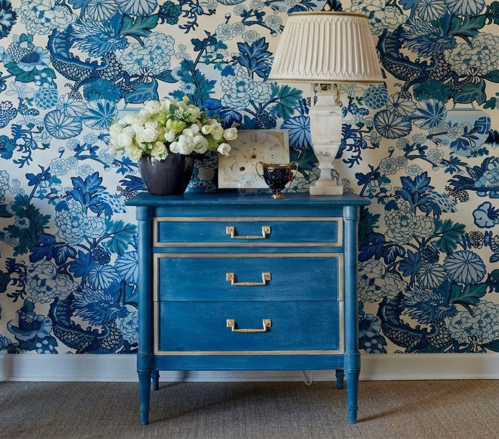 After: nightstand finished in blue against chinoiserie wallpaper