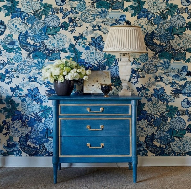 After: nightstand finished in blue against chinoiserie wallpaper