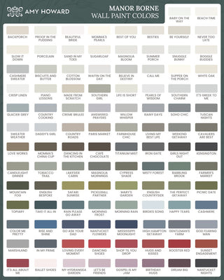 Manor Borne Wall Paint color chart by Amy Howard At Home showing swatches for over 90 shades including Backporch, Southern Girl, Rainy Days, Titanium Mist, Nantucket Moonlight, and Rooster Red
