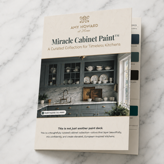 Miracle Cabinet Paint Color Card featuring hand-painted swatches of all 32 cabinet paint colors, displayed on a marble surface