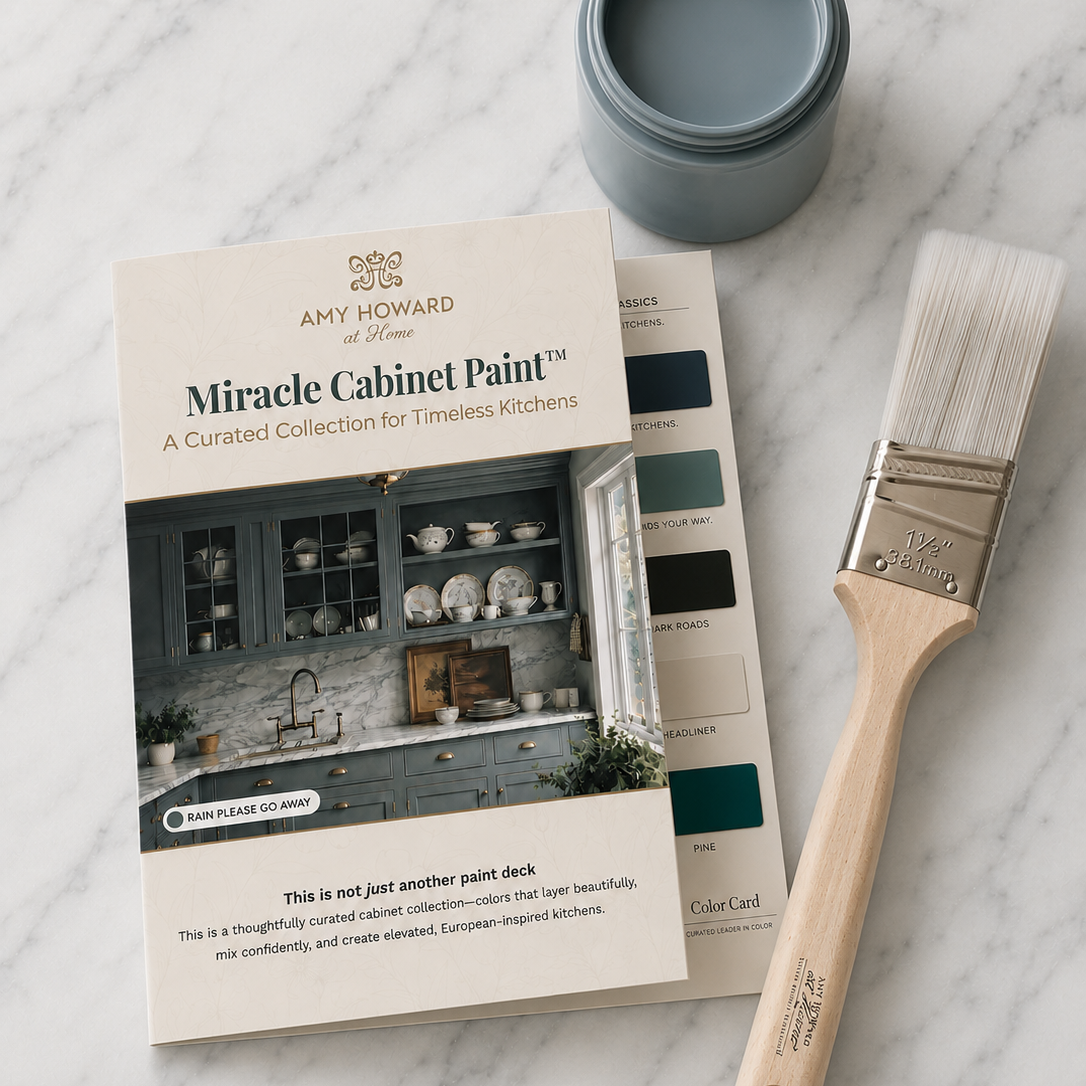 Miracle Cabinet Paint Starter Kit including a 4 oz paint sample, trim brush, and hand-painted color card for testing kitchen cabinet paint colors