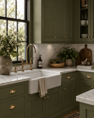 Kitchen cabinets painted with Amy Howard At Home Miracle Cabinet Paint in Topiary, featuring deep olive green cabinetry with brass hardware, a farmhouse sink, marble backsplash, and brass bridge faucet